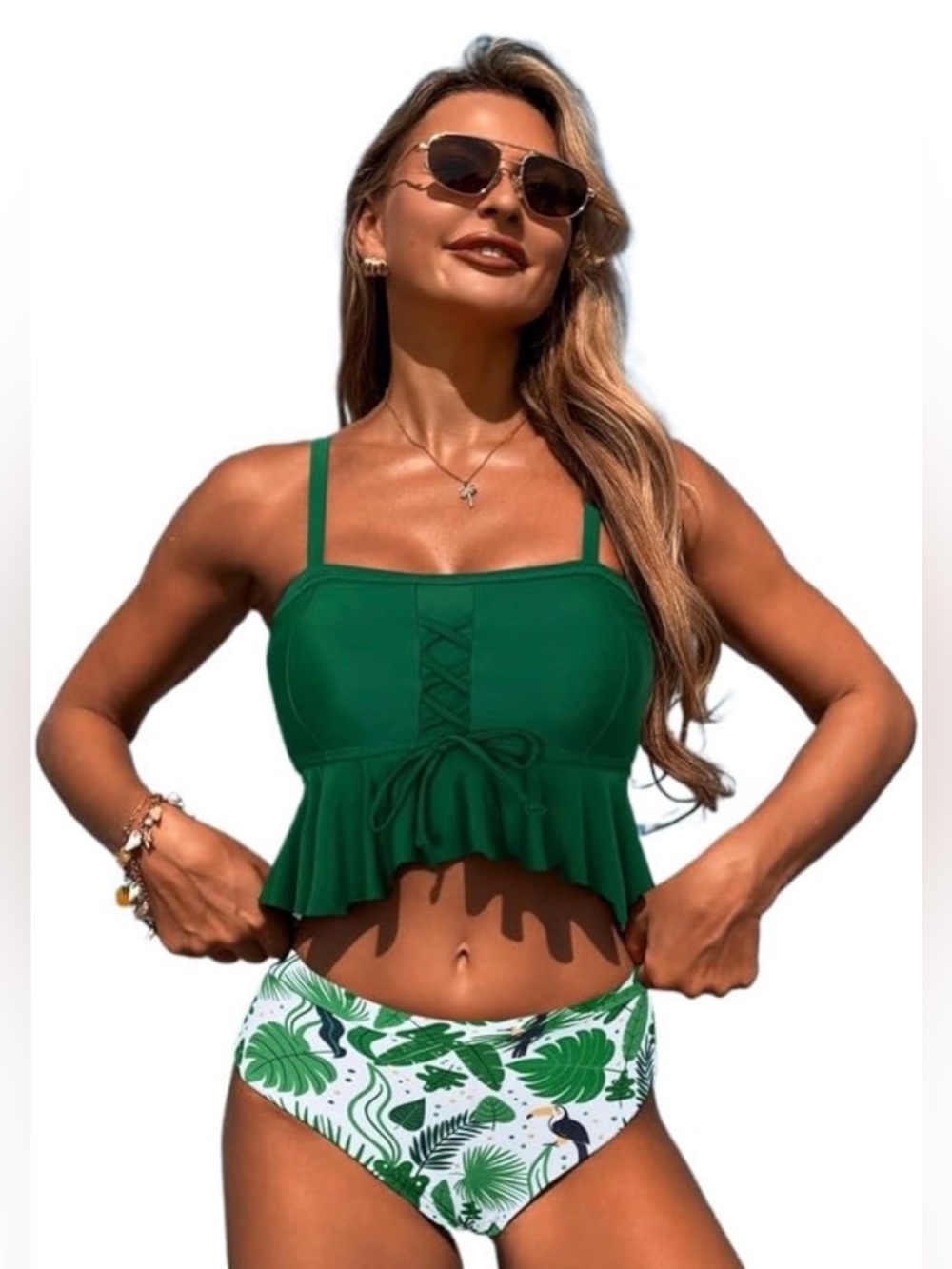 Women's High Waist Bikini Set Ruffle Crop Top with Tropical Leaf Print Bottom
